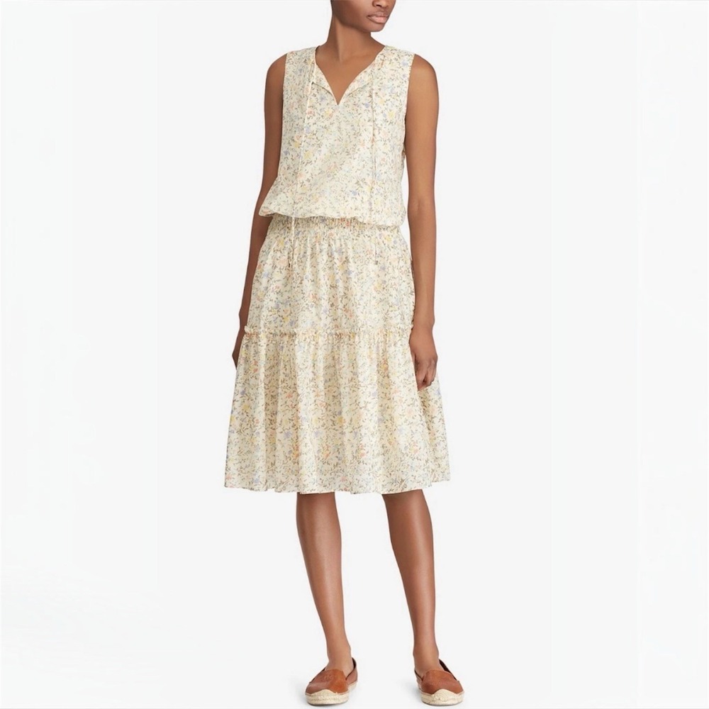 Lauren Ralph Lauren Floral Tiered Midi Dress Voile Cotton Blend Lightweight 10
